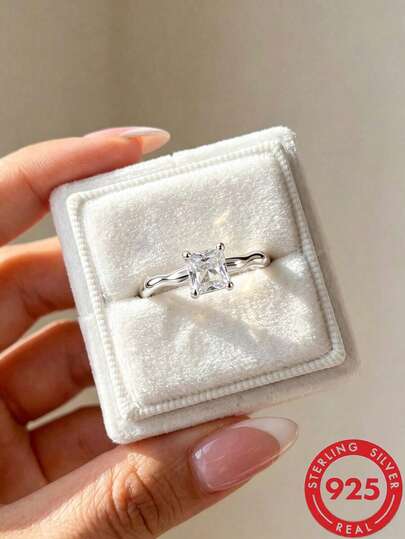 1 pieza Anillo de plata de ley S925 con diseño cuadrado de lujo con circonita sintética incrustada, banda abierta ajustable, joyería de calidad elegante para uso diario de mujeres