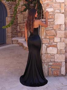 ADYCE Elegant Tube Top Waisted Backless Bodycon Tie-Back Rhinestone High-Slit Fishbone Train Gown Prom Gown Homecoming Wedding Guest Formal Dinner Christmas - Black - View 2