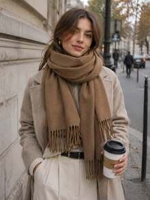 1PC Women's Simple Solid Color Regular Style Faux Cashmere Scarf, Pashmina Fringe Scarf, Fall Decor, Suitable For Seasonal Transitions, Collegiate Style, Daily Wear, Windproof And Warm, Christmas Party, New Year Gift - Maka Color - View 2