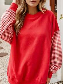 2026 Women Oversized Striped Crew Neck Sweatshirt, Long Sleeve Loose Drop‑Shoulder Pullover For Daily Street Look Dating Weekend Friend Gathering - Red - View 2
