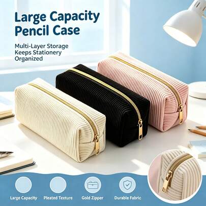 Corduroy Striped Pencil Case, Solid Color Large Capacity Zipper Pencil Bag, Minimalist Stationery Storage Bag, Student Portable Makeup Bag, Multi-Functional Travel Small Storage Bag, Simple Aesthetic School Supplies Organizer