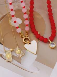 1pc Elegant Ins Style Exquisite Copper Geometric Square Zirconia Inlaid Heart & Portrait Glass Beaded Seed Bead Necklace For Women, Suitable For Outings, Shopping, Daily Casual, Parties, Travel, Fashionable Charming Women's Jewelry, Beaded Jewelry, Heart Jewelry, Wedding Season Gift, Christmas - Red - View 5