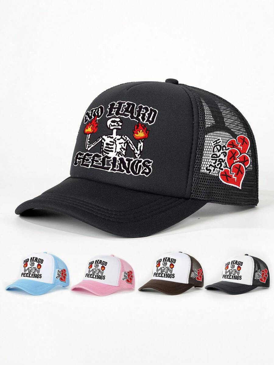 1pc 2026 New Breathable Mesh Cap, Flame Skull Rose Heart Embroidery Design, Suitable For Summer Outdoor Entertainment, Fashionable Outfit - Fire Skull - View 1