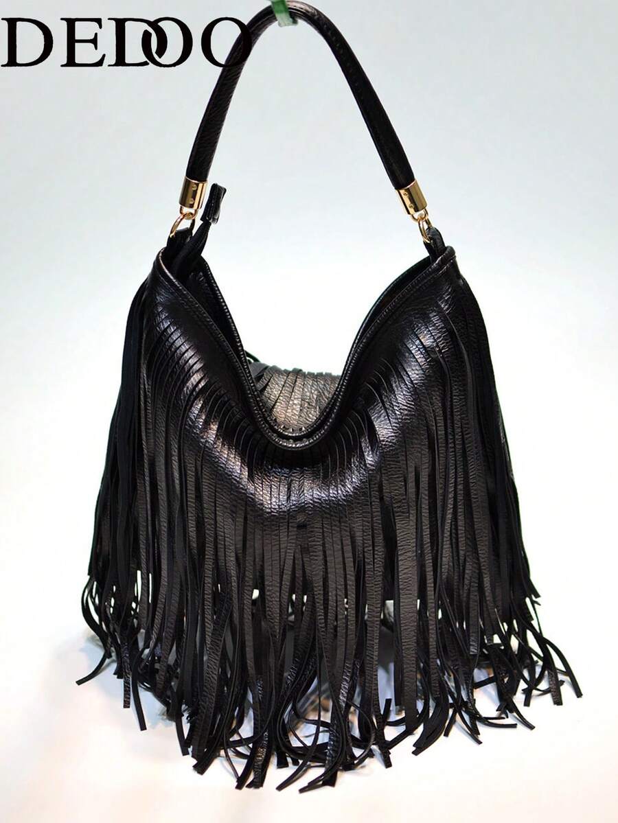 Dedoo Solid Color Textured PU Tassel Underarm Bohemian Bag, Large Capacity Long Tassel Metal Rotating Buckle, Bohemian Vintage Women's Underarm Bag, Suitable For Autumn/Winter Party & Daily Wear - Black - View 1