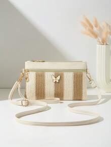 Mini Colorblock Butterfly Woven Beach Bag With Wrist Strap, Coin Purse And Shoulder Bag, Women's New Multifunctional Small Shoulder Bag, Cute Square Bag, Suitable For Spring/Summer Beach - Brown - View 1