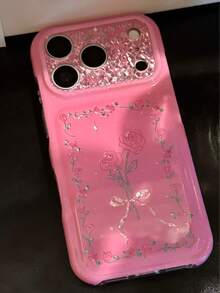 Ins Vintage Laser Rhinestone Vine Hibiscus Flower 17 Pro Max Apple 16 Phone Case 15 Fresh Japanese Korean Cartoon Personalized Creative 14 Shockproof Protective Cover 18 Pro Max Niche 18 - Hot Pink - View 4