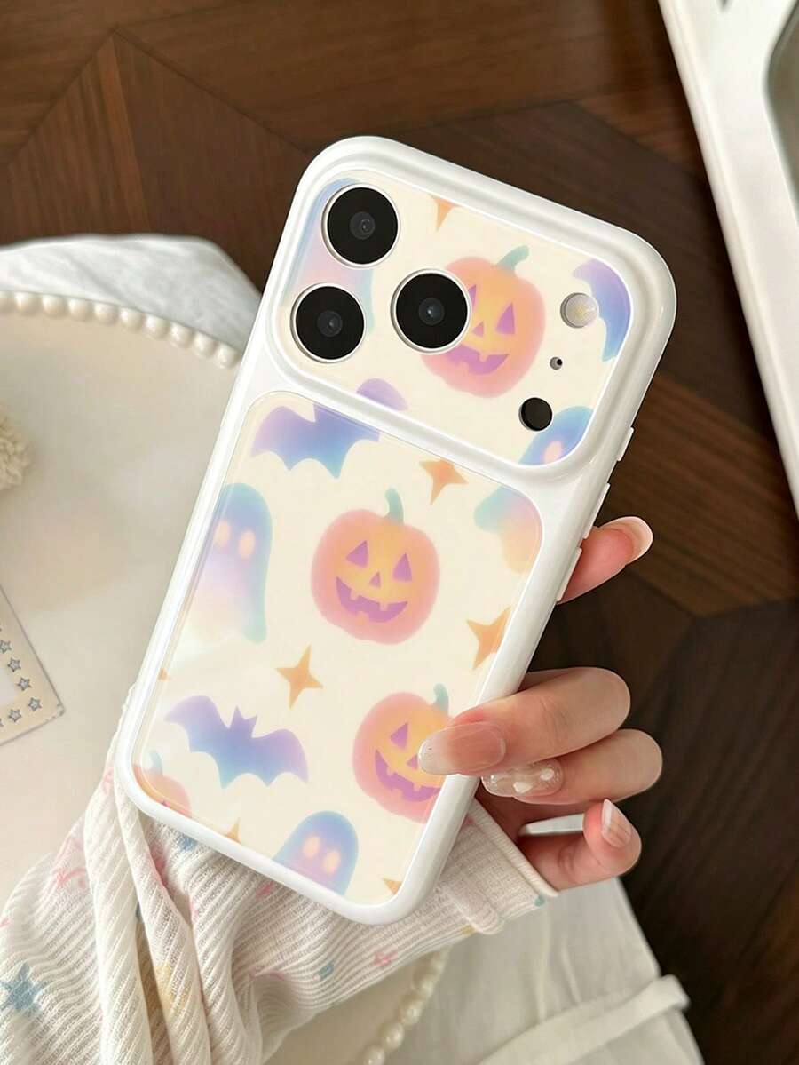 Dreamy Macaron Gradient Pumpkin Little Ghost Cartoon Print Phone Case, Raised Lens Anti-Scratch Wear-Resistant Glossy Full Coverage Anti-Drop TPU Soft Shell, Compatible With 11-18 Series, Korean Style Cute Halloween Phone Cover - White - View 1