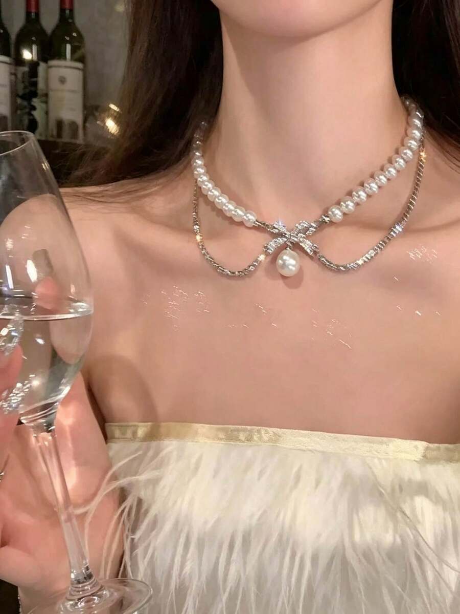1pc Exquisite Pearl Beaded Bow Necklace, Suitable For Daily Wear, Fashion Necklace Accessory For Parties, Birthday Gift Necklace For Girlfriend - Silver - View 1