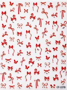 1PC Solid Red Long Tail Ribbon Bow Flat Nail Stickers, Simple Mixed Size Streamer Bow Pattern Waterproof Self-Adhesive Nail Decal Stickers For Valentine Party Nail Making - Multicolor - View 6