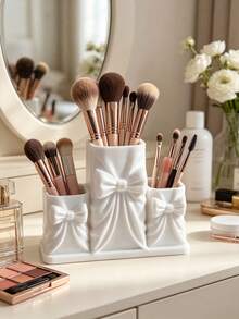 1pc Cream White Bow Makeup Storage Box, 3D Embossed Bow Design, Suitable For Makeup Brushes, Lipsticks, Eyebrow Pencils, Bedroom Vanity, Holiday Gift - Multicolor - View 5