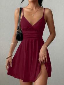 Vestido mini línea A con cintura fruncida, volantes en el bajo y tirantes ajustables, sexy, versátil para uso diario, elegante, nuevo lanzamiento primavera/verano, estilo vacaciones - Burdeos - Ver 6