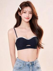 Elisvara Bra Wanita Tipis Tanpa Kawat dengan Motif Huruf Hitam, Nyaman, Bernapas, dan Tanpa Jahitan - Hitam - View 1