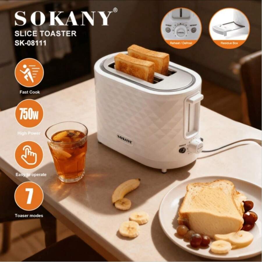 SOKANY 08111 Pemanggang Roti 2 Iris, Daya Tinggi 750W, Kontrol Tingkat Kematangan 7 Kecepatan, Fungsi Pencair Es & Pemanasan Ulang, Baja Tahan Karat, Pemanggang Roti Sarapan Otomatis untuk Rumah Tangga - Putih - View 1