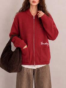 Women's Autumn/Winter Minimalist Letter Embroidered Knit Cardigan Jacket - Red - View 4