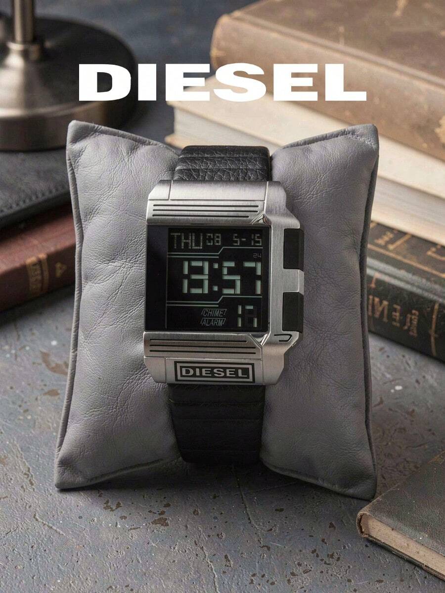 DIESEL DZ7113 男士復古未來風數位腕錶 大方型銀色金屬錶殼 LCD 螢幕 鬧鐘鈴聲 多功能休閒男錶 - 銀色 - 查看 1