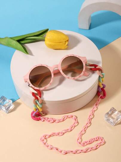 1 pieza Gafas de plástico con marco redondo festoneado y decoración de cadena de colores para niños de 3-8 años, gafas dulces y lindas para niñas para uso diario, playa de verano, fiesta y actividades al aire libre