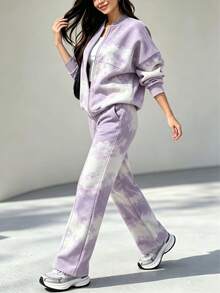 Casual Women's Fashion Commute Set, Comfortable Loose Fit Patchwork Contrast Color Long Sleeve Jacket Top + Straight Leg Pants 2 Pieces Set, Autumn Sports Outfit - Light Purple - View 2