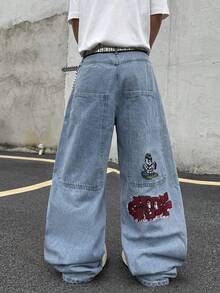 Hearty Haven 1pc American Street Style Embroidered Men's Wide Leg Jeans With Large Pockets, Comfortable Loose Fit, Draped Wash, All Season Long Pants - No Belt And Accessories - Blue - View 2