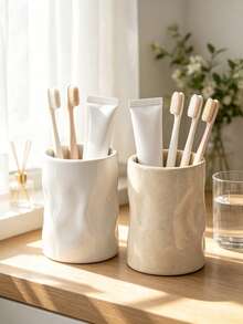 Modern Asymmetrical Wavy Pattern Bathroom Storage Cup, Multi-Functional Toothbrush And Toothpaste Holder, Decorative Countertop Organizer Rack, Suitable For Bathroom Vanity, Sink, Home Decor - Corrugated Cylinder - View 2