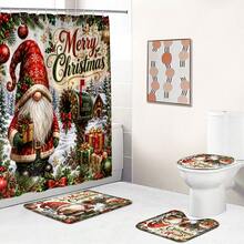 1pc/4pcs Christmas Vintage Faceless Gnome Multi-Function Bathroom Decor Shower Curtain Set, Free 12 Hooks, Premium Holiday Atmosphere, Bathroom Mat, U-Shaped Rug And Round Toilet Lid Cover, Suitable For All Christmas Scenes - Dwarf 8 - View 7