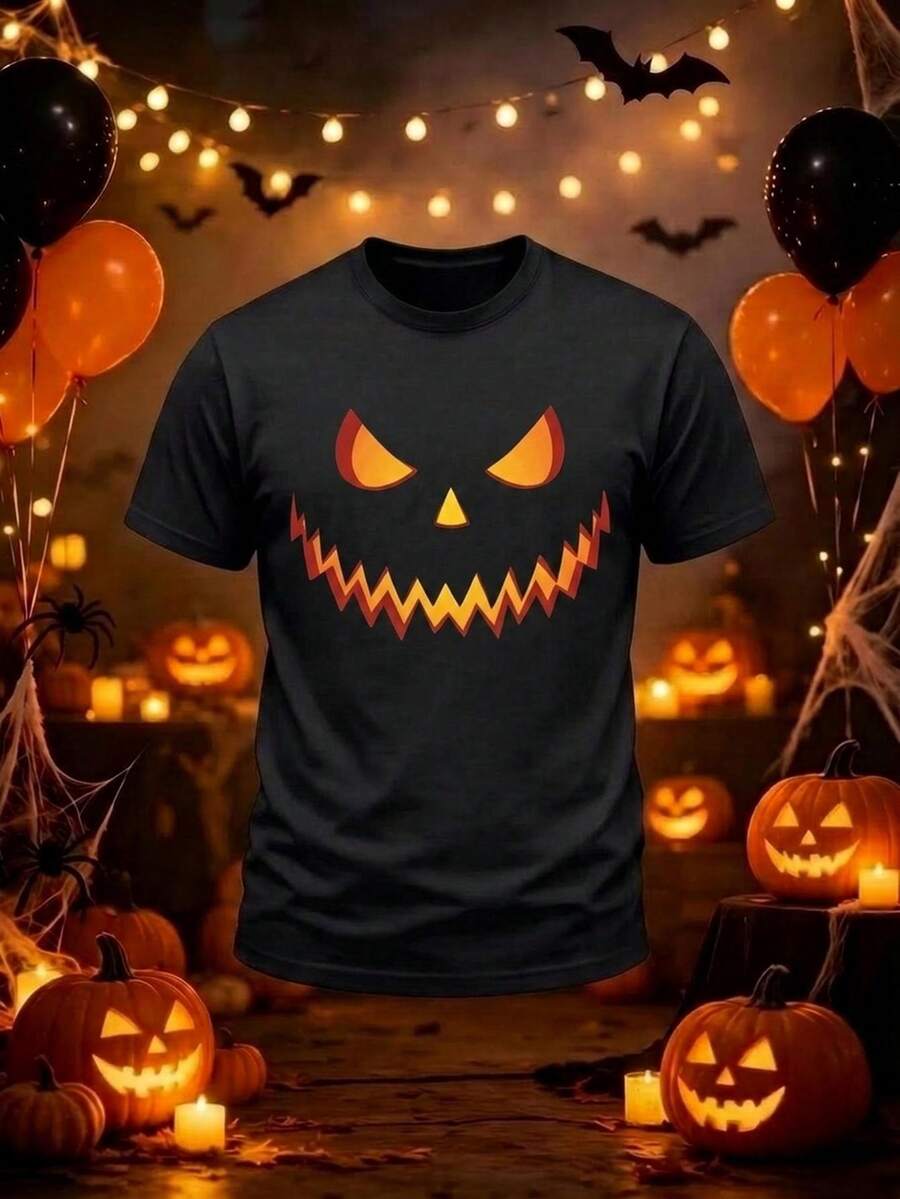 Halloween Playera Hombre Manga Corta Cuello Redondo con Estampado, Camiseta Casual Oversize para Fiesta, Salidas y Uso Diario - Negro - Ver 1
