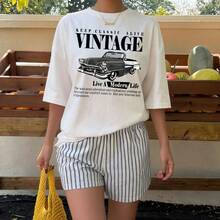 Vintage Retro Car Graphic Tee, Cotton, Crew Neck Short Sleeve Loose Fit, Casual Summer Wear, Breathable Comfort - White - View 1