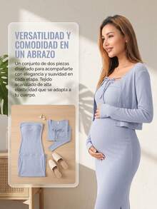 Elegant Two-Piece Ribbed Knit Maternity Set, Casual Fitted Style For Baby Shower - Blue - View 7