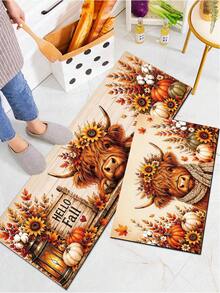 1/2pcs Thanksgiving Autumn Floor Mat, Bull & Floral Pattern, Vintage Diatomaceous Earth Mat, Super Absorbent, Non-Slip, Perfect For Bathroom, Kitchen And Dining Room, Quick Drying, Ideal Home Decor And Bathroom Mat Gift - Multicolor - View 5