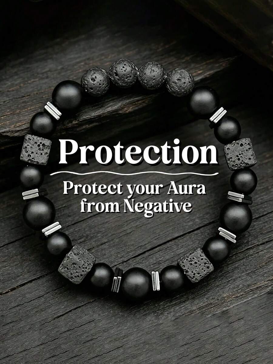 YAUKIA 男士磨砂黑瑪瑙保護手鍊,手工彈力繩,適合10月誕生石禮物,極簡氣場飾品,適合日常配戴 - 彩色 - 查看 1