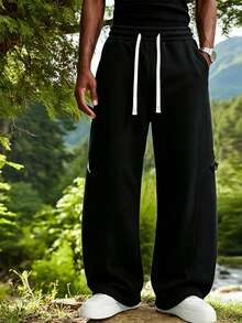 Men's Loose Fit Sports Pants, Wide Leg Casual Jogging Pants | High Waist Drawstring, 2 Deep Pockets, Open Hem, Loose Joggers, Streetwear Style - Black - View 3