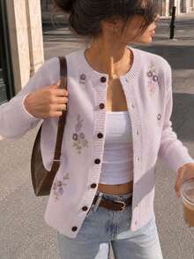 Cardigan Rajut Motif Bunga Merah Muda untuk Wanita, Sweater Kancing Depan Motif Bunga Ungu, Atasan Lengan Panjang Lembut untuk Pakaian Musim Semi dan Gugur - Mauve Purple - View 7