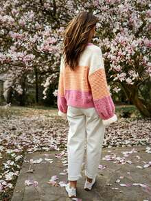 Colorblock Striped Knit Cardigan, Round Neck Single-Breasted Ruffle Cuff Long Sleeve Loose Slouchy Jacket, Women's Autumn/Winter Casual Versatile Top - Orange Pink - View 9