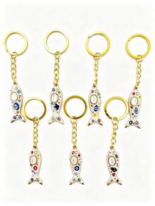 1/7pcs Vintage Evil Eye Fish-Shaped Keychain, Cute Personalized Colorful Painted Fish-Shaped Keychain Enamel Pendant Bag Charm, Niche Creative Accessory, Gift Small Ornament Car Key Chain, Friend Bestie Couple Keychain Key Ring - Multicolor - View 6
