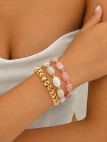 Juego de 3 pulseras gruesas de cuentas para mujer, cuentas texturizadas rosa y blanco con cuentas doradas asimétricas, joyería de mano personalizada de varias capas y estilo moderno, adecuada para uso diario, fiestas, vacaciones y regalos - Rosa - Ver 2