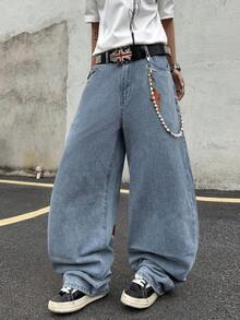 Hearty Haven 1pc American Street Style Embroidered Men's Wide Leg Jeans With Large Pockets, Comfortable Loose Fit, Draped Wash, All Season Long Pants - No Belt And Accessories - Blue - View 3