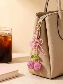 Vintage Red Rhinestone Cherry Keychain With Double Bow And Heart Pendant, Sweet Style Handbag Accessory For Girls, Comes With Gift Bag, Unique And Exquisite Gift For Best Friend - Multicolor - View 4