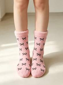 5 Pairs Autumn/Winter Mink Fur Bow Mid-Calf Socks For Girls, Soft Plush Fleece Thickened Home Sleep Socks, Skin-Friendly Warm And Breathable, Multiple Colors Available, Fuzzy Soft Heat Retention, Cold Protection For Feet, Gentle Color Palette With Cozy Atmosphere - Multicolor - View 3