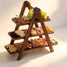 Wooden 3-Tier Folding Snack Rack, Fruit And Dessert Storage Stand - Brown - View 5