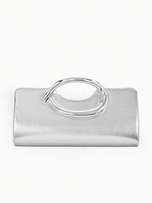 Minimal Evening Clutch, Long Rectangular Hard Frame Bag, PU Leather, Curved Silver Ring Handle, Women Stylish Handbag For Wedding & Evening Banquet - Silver - View 4