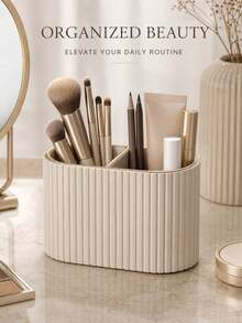 1PC Makeup Brush Holder/PU Leather Cosmetic Display Box/Retro Striped Makeup Brush Rack - Suitable For Vanity Decoration, Bathroom Countertop, Desk Storage Cosmetic Display Box (Cream) , Makeup Room Decor,Makeup Bag,Travel Essential - Multicolor - View 3