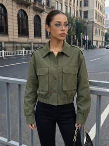 Women's Elegant Vintage Fashion Double Pocket Button Design Solid Color Versatile Short Jacket Coat Spring Autumn Casual Daily Wear Woven Fabric Button Pocket Holiday Vacation Travel - Army Green - View 9