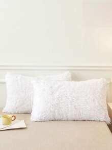 2pcs White Plush Pillow Covers, Zipper Closure, Suitable For Bedroom, Living Room, Sofa, Chair, Soft And Comfortable, Home Decor Cushion Covers, Pillow Insert Not Included - White - View 1