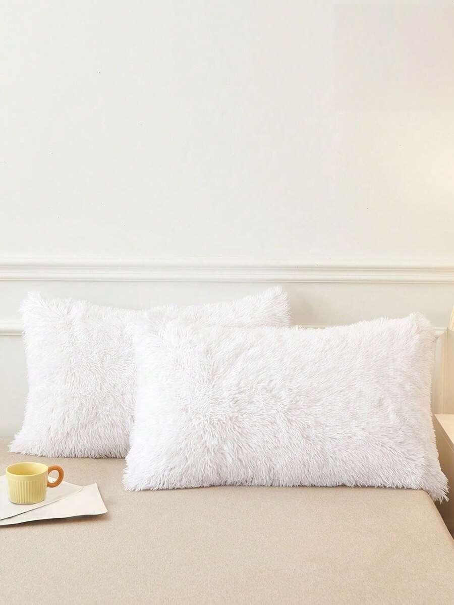2pcs White Plush Pillow Covers, Zipper Closure, Suitable For Bedroom, Living Room, Sofa, Chair, Soft And Comfortable, Home Decor Cushion Covers, Pillow Insert Not Included - White - View 1
