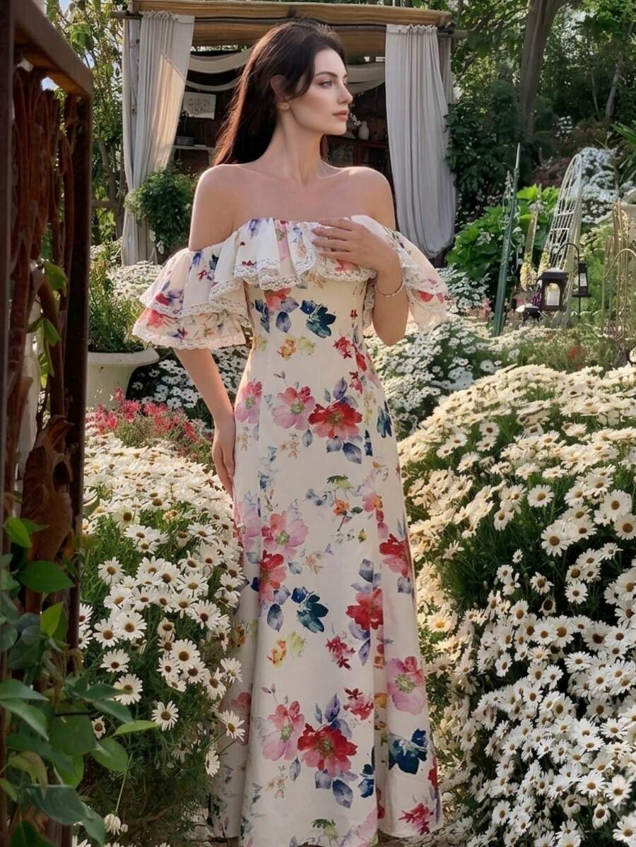 女士露肩蕾丝边碎花连衣裙,优雅适合假日派对、毕业典礼、舞会、婚礼宾客等场合,春季款 - 彩色 - 查看 1