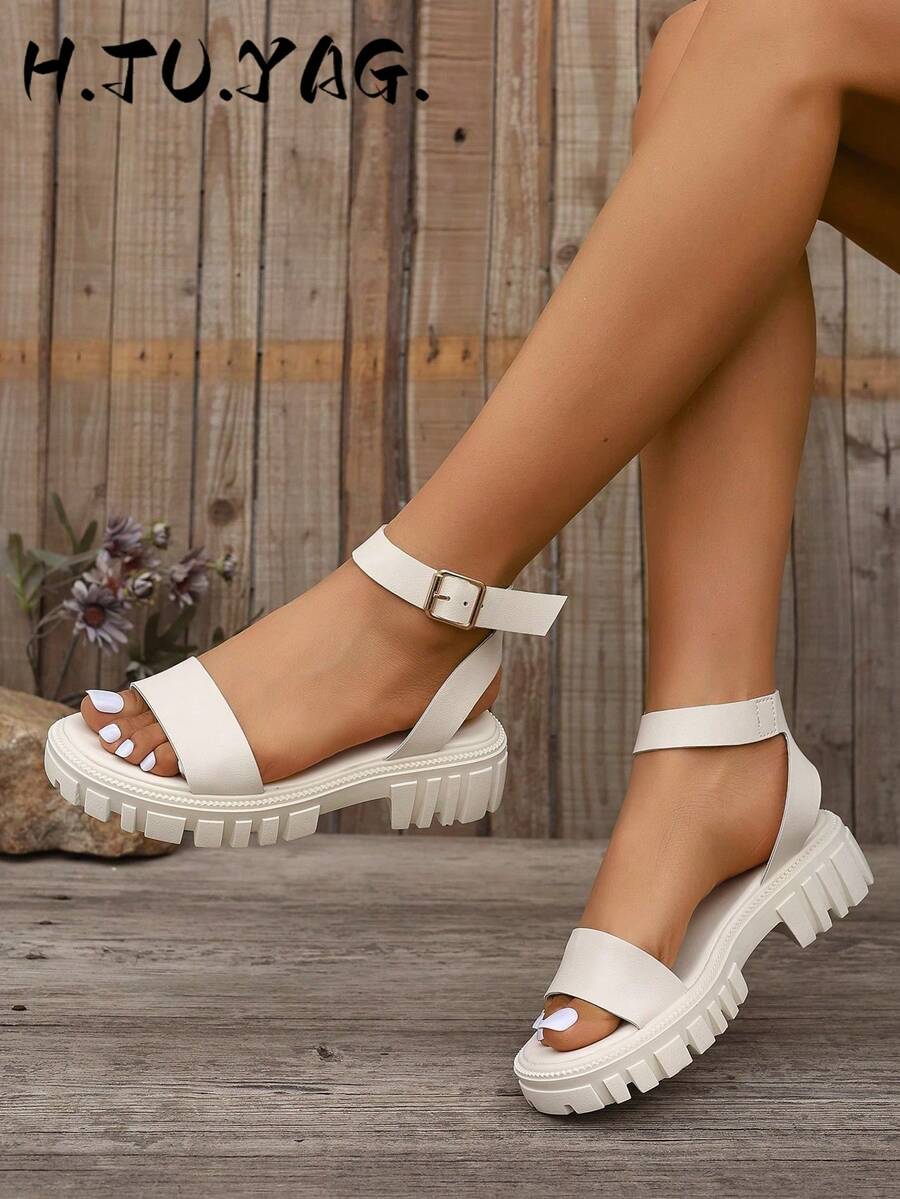 Neutral Color Women's Buckle Wedge Sandals, Chic Black Solid Ankle Strap Platform Sandals, Essential For Summer