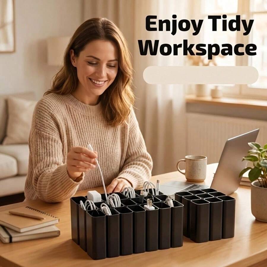 Large Heavy-Duty USB Cable Storage Box, Desktop Cable Management Organizer, Pull-Out Cable Management Box, Suitable For Home Office, Electronic Accessories, Desktop Storage And Organization, Practical Gift For Halloween, Graduation Season And Christmas - Black - View 1