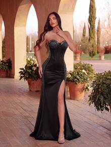 ADYCE Elegant Tube Top Waisted Backless Bodycon Tie-Back Rhinestone High-Slit Fishbone Train Gown Prom Gown Homecoming Wedding Guest Formal Dinner Christmas - Black - View 5