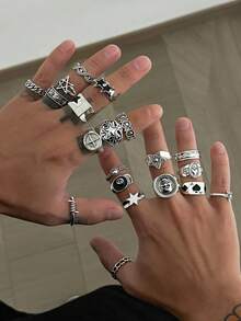 Set de 12 anillos metálicos geométricos de estilo punk con diseño de plumas, anillos ajustables para nudillos, joyería de encanto hip hop para hombres, regalo ideal - 12 piezas - Ver 2