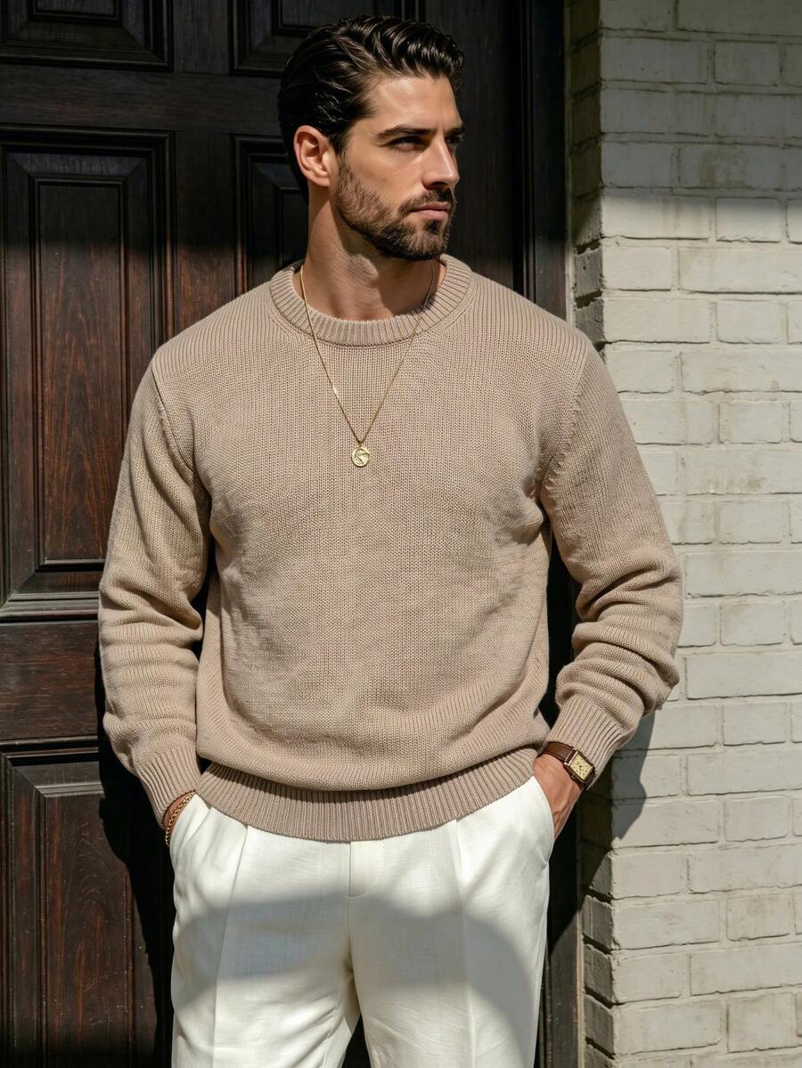 Autumn/Winter New Solid Color Loose Comfortable Retro Round Neck Commuting Sports Minimalist Unisex Casual Long Sleeve Knit Top - Apricot - View 1