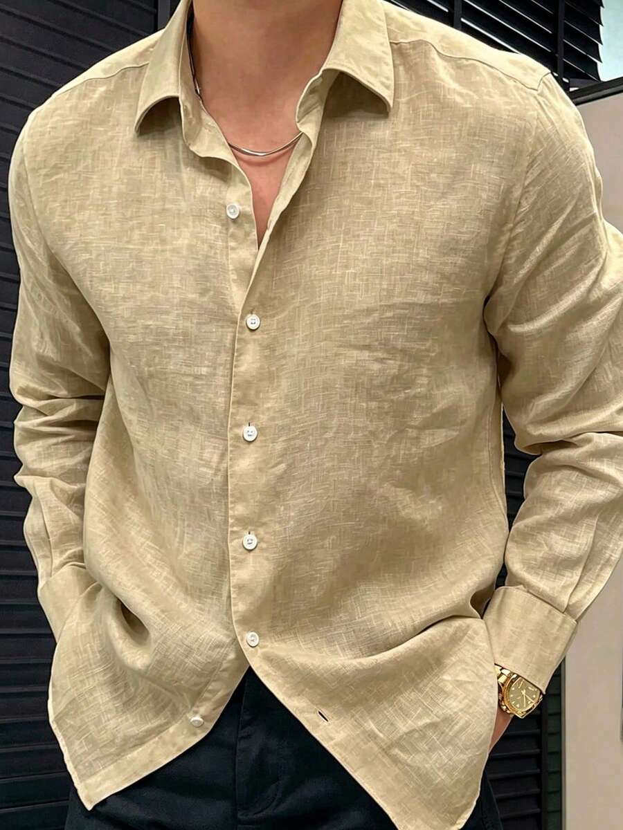 男士新款白色經典休閒長袖襯衫,時尚戶外襯衫外套 - 卡其色 - 查看 1